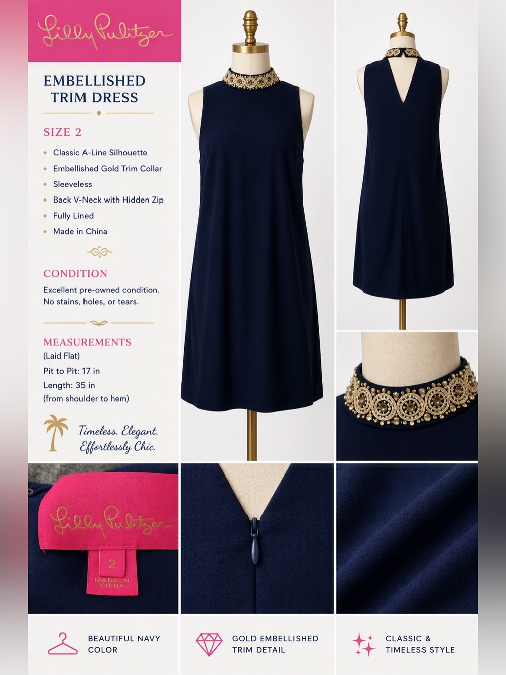 Lilly Pulitzer Navy Embellished Mock Neck Shift Dress Size 2